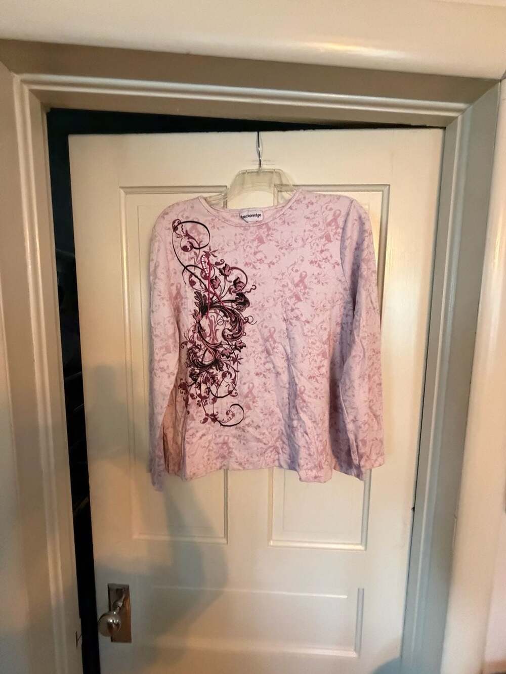 Breckenridge Pink Long Sleeve Top Shirt Floral Scroll Print Breast Cancer Awaren